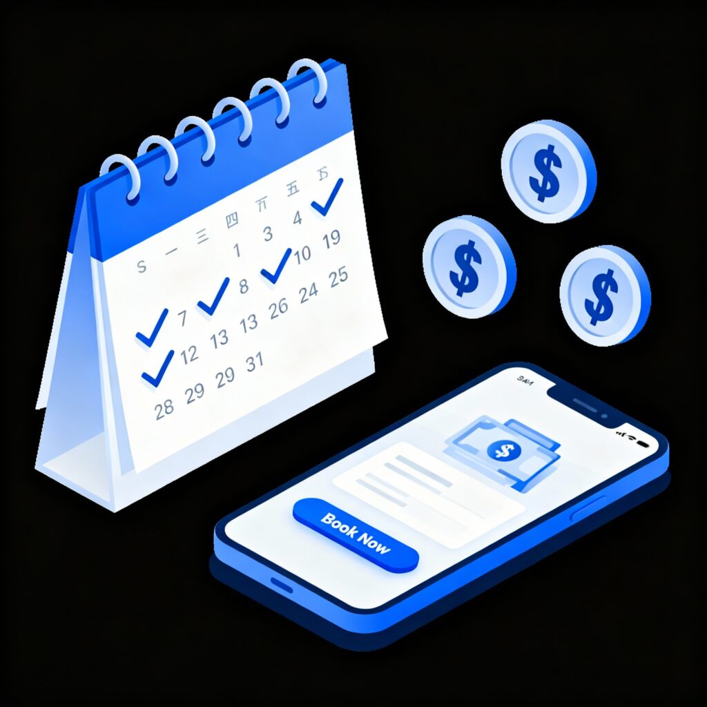 Illustration of a smartphone with an online booking app, calendar with checkmarks, and payment icons representing online booking software for small businesses.