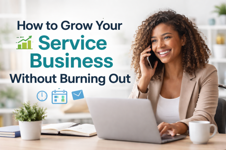 Entrepreneur managing her service business efficiently using a laptop and phone in a modern workspace